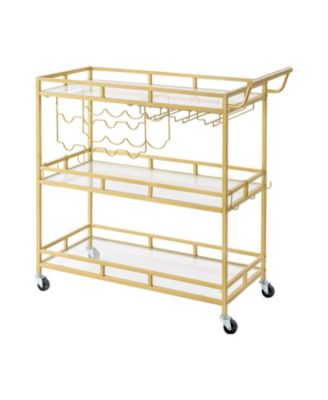 3-Tier Rolling Bar Cart with Tempered Glass Shelves and Wine Glass Holder