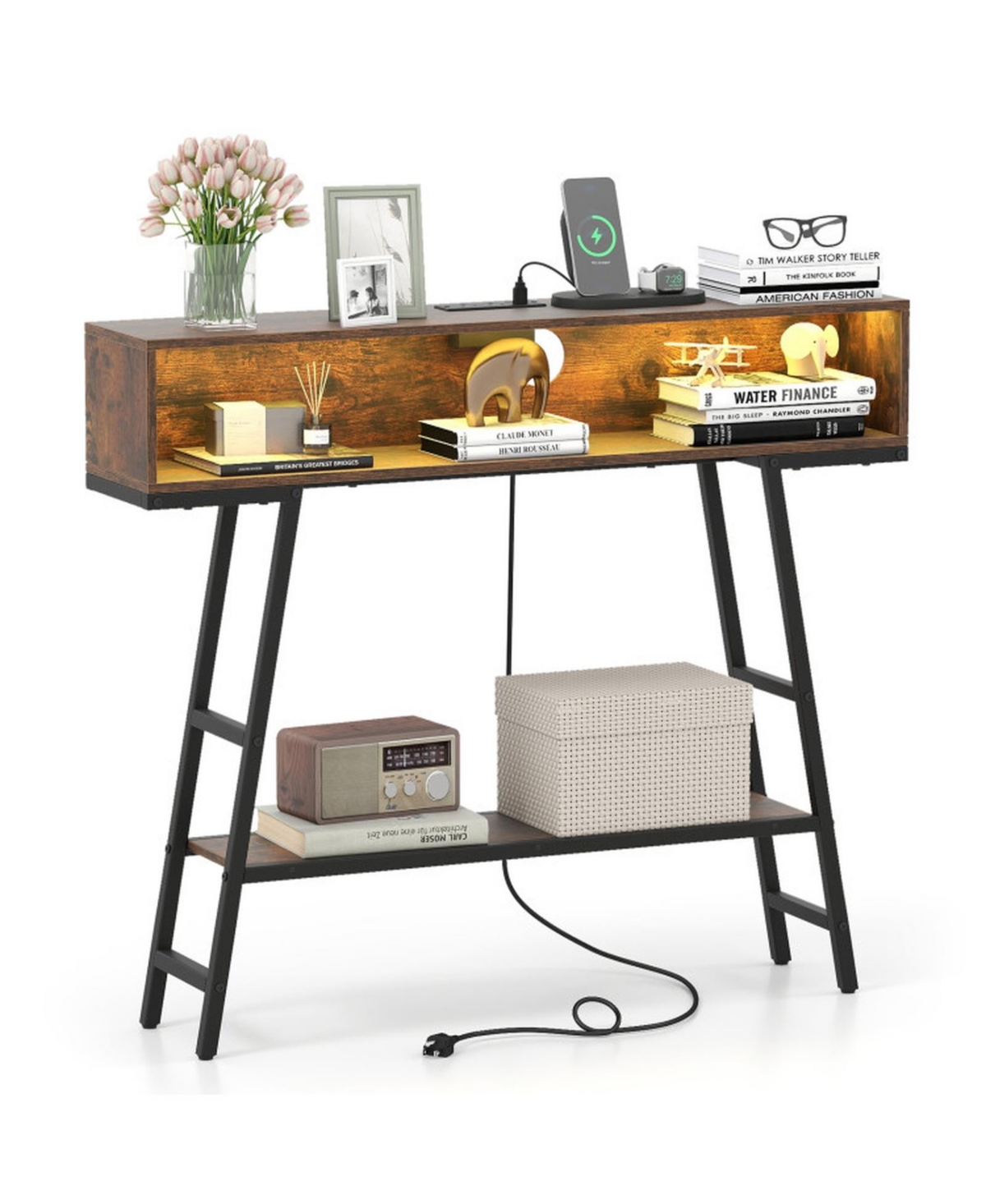 Gouun 40 Inch Console Table with Charging Station and Rgb Led Lighting