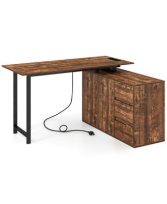 L-Shaped Corner Desk with File Cabinet and Built-in Power Outlet