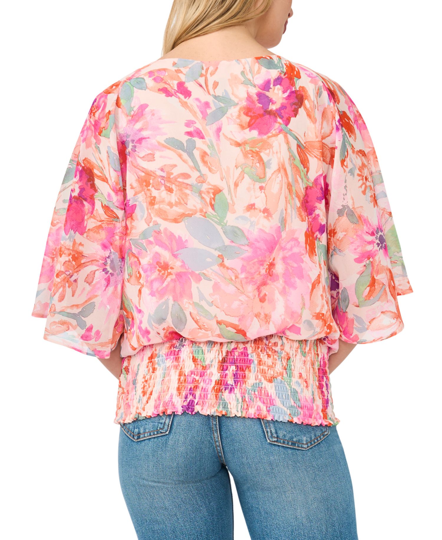 Women's Smocked Waist Floral-Print Dolman-Sleeve Blouse