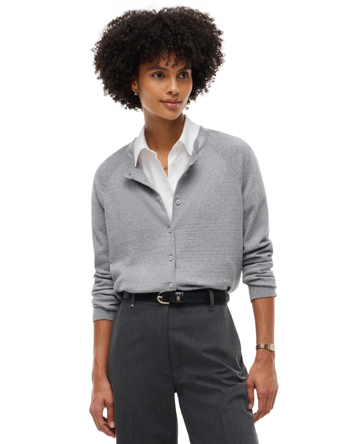 Tommy Hilfiger Women's Fine Gg Bling Crewneck Fine-Gauge Knit Cardigan