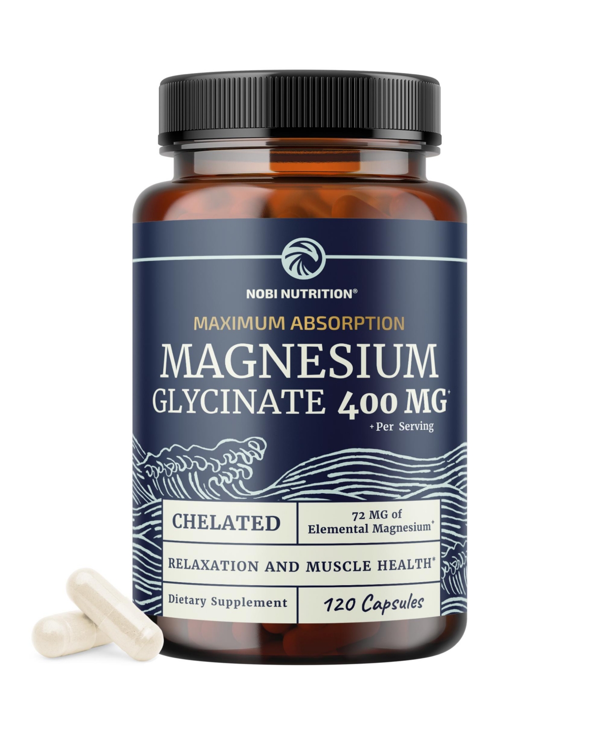 Nobi Nutrition Magnesium Glycinate 400mg Chelated Magnesium Bisglycinate 2-Capsule Serving Easy-to-Swallow Capsules 120 Count