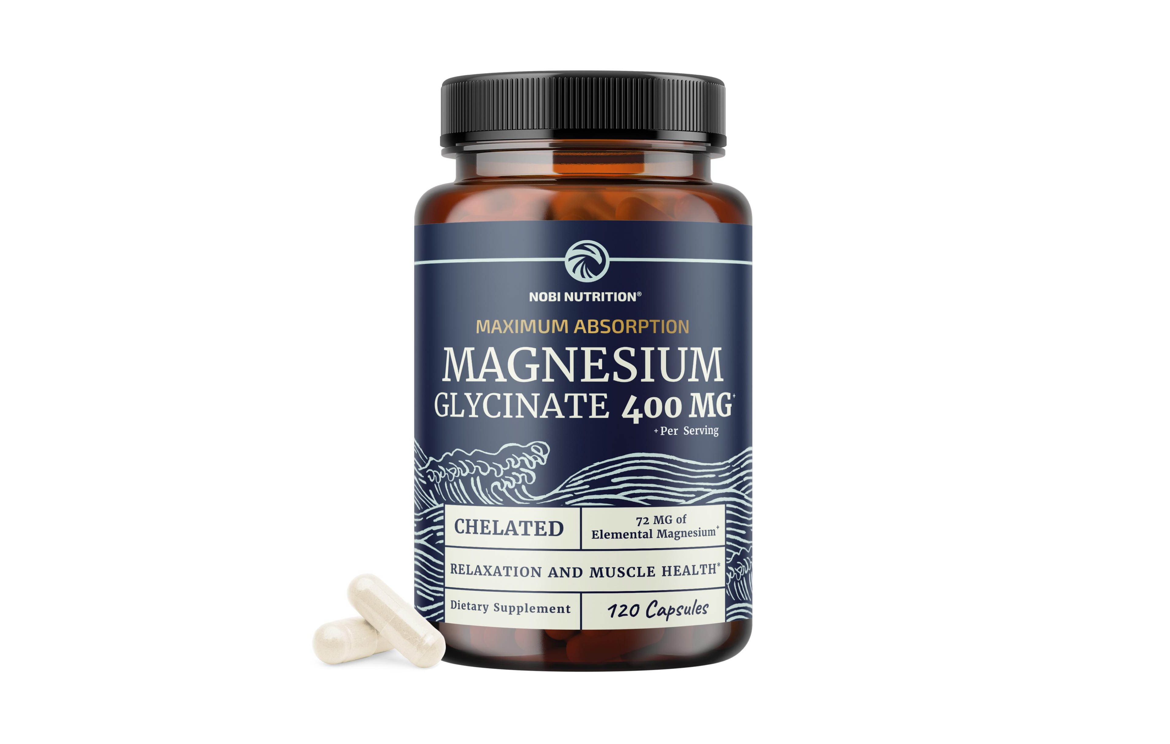 Nobi Nutrition Magnesium Glycinate 400mg Chelated Magnesium Bisglycinate 2-Capsule Serving Easy-to-Swallow Capsules 120 Count