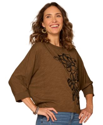 Women's 3/4 Dolman Sleeve Scoop Neck Embroidered Top