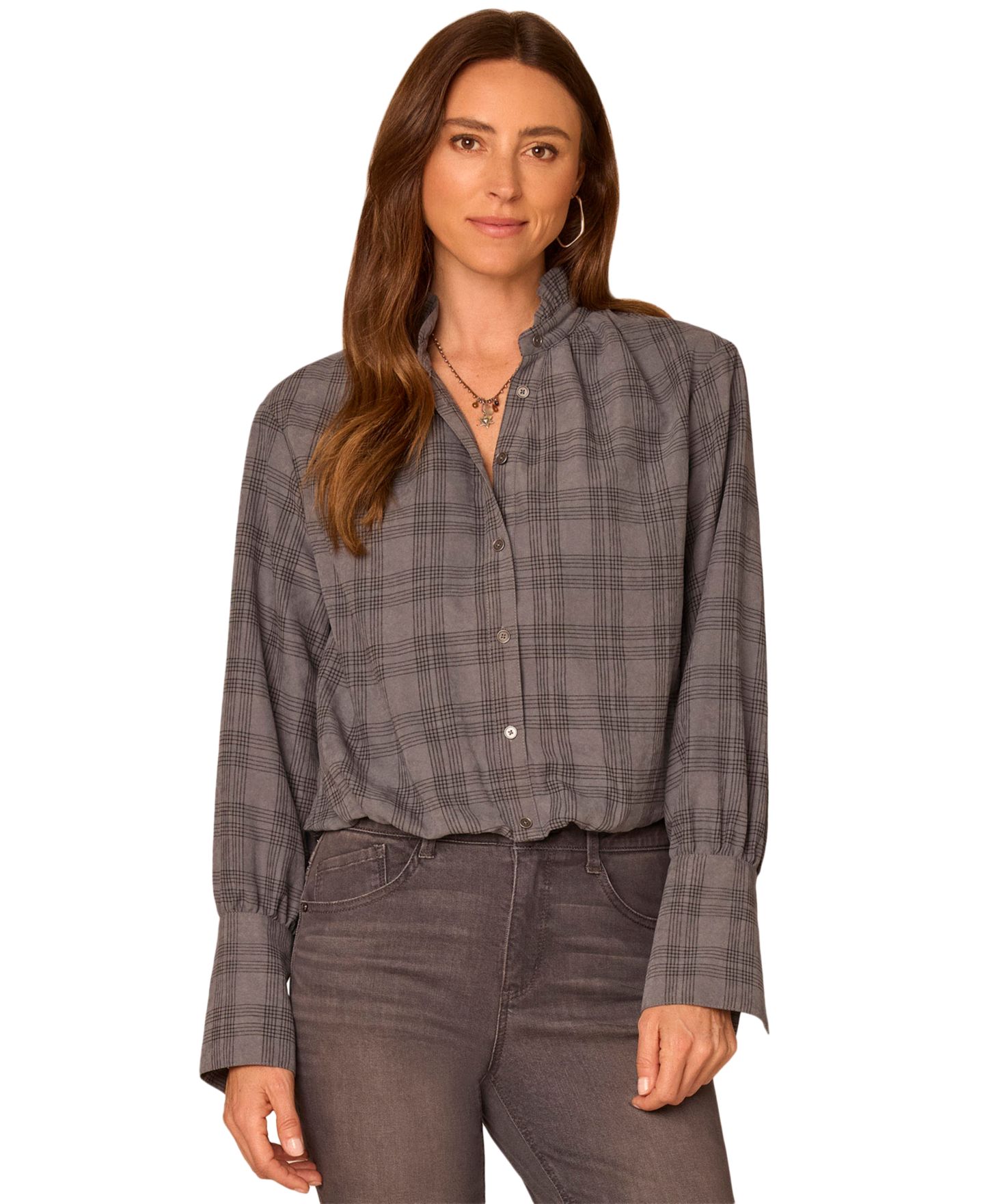 Женская блузка Democracy French-Cuff Ruffle-Neck Plaid, цвет: Dgy Dove G — фото 1