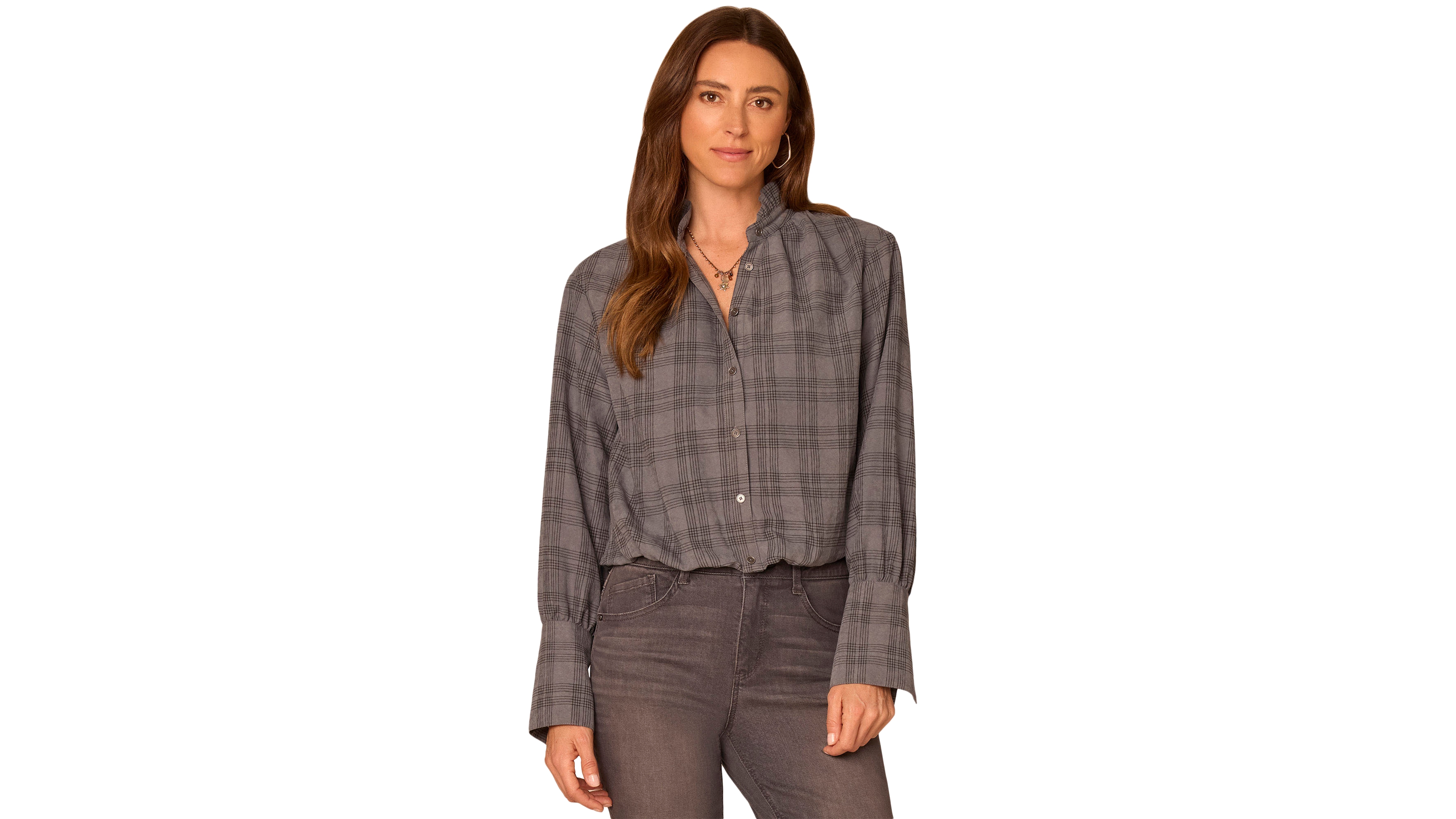 Democracy Women's French-Cuff Ruffle-Neck Plaid Blouse
