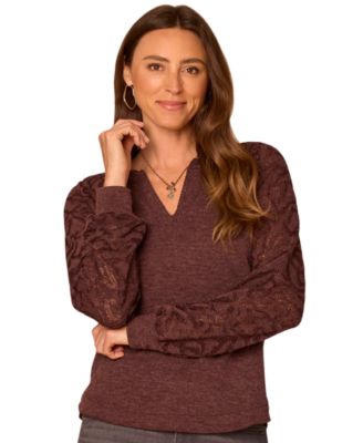 Women's Mandarin-Collar Half-Placket Mixed-Media Knit Blouse
