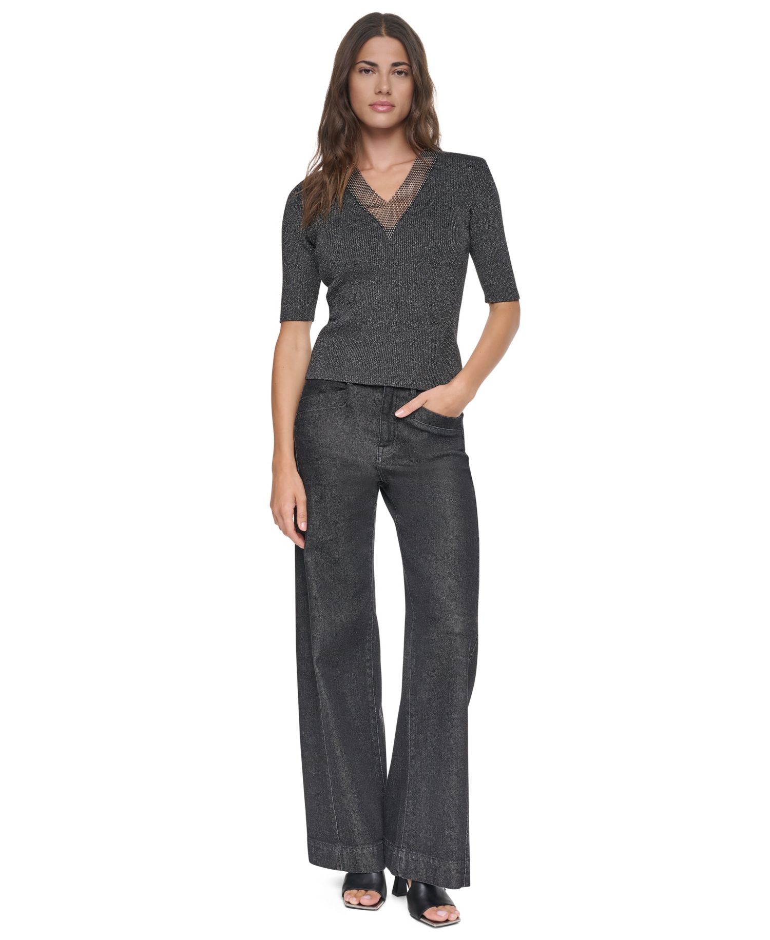 Women's Embellished Lurex V-Neck Sweater