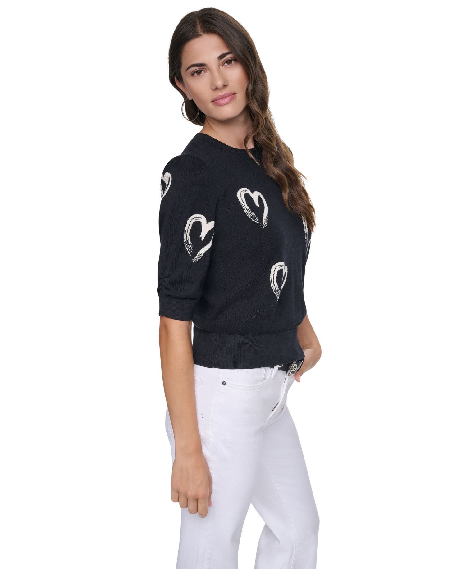 Women's Mini Hearts Crewneck Elbow-Sleeve Sweater