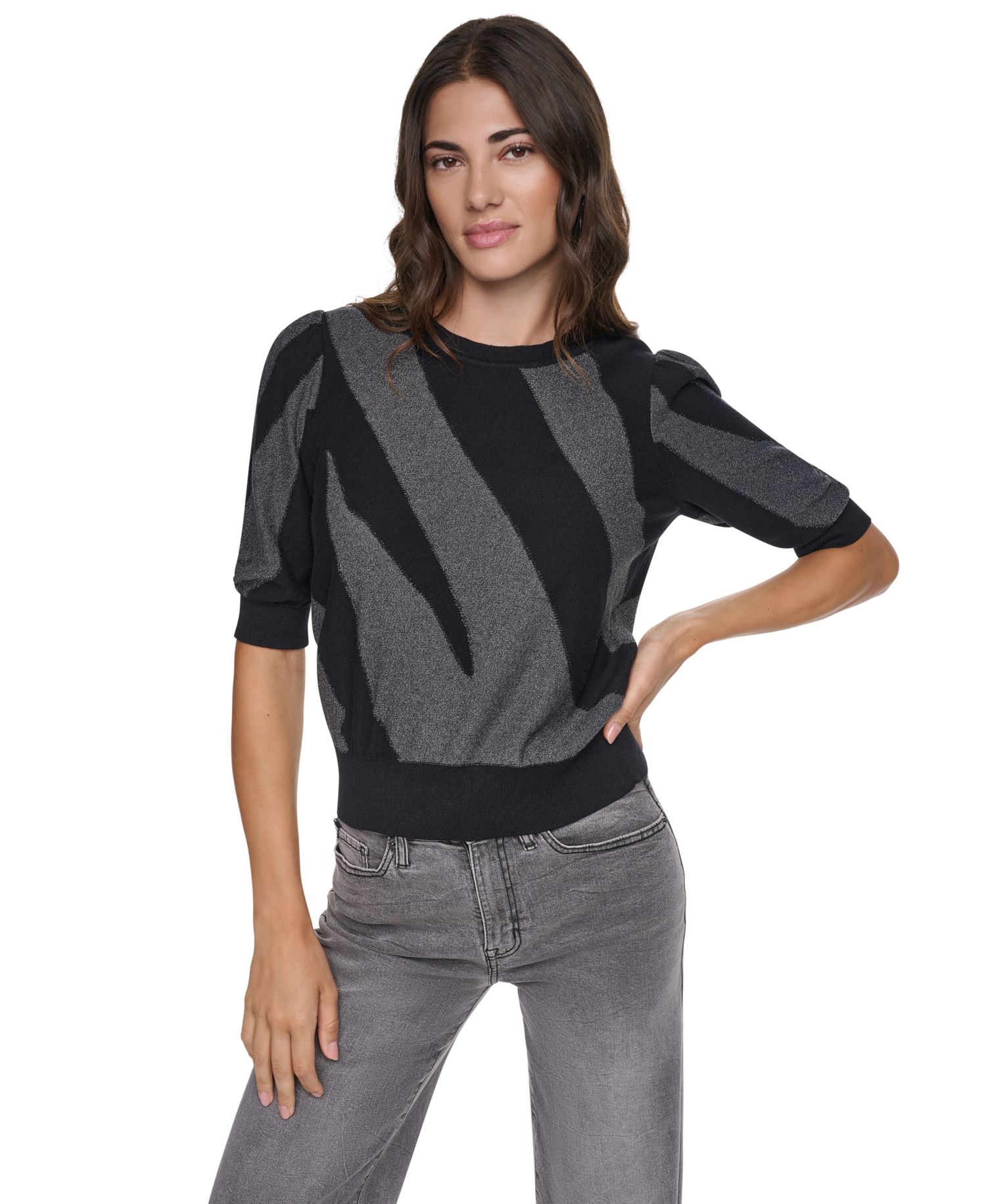 Women's Colorblock Lurex 3/4-Sleeve Pullover Sweater
