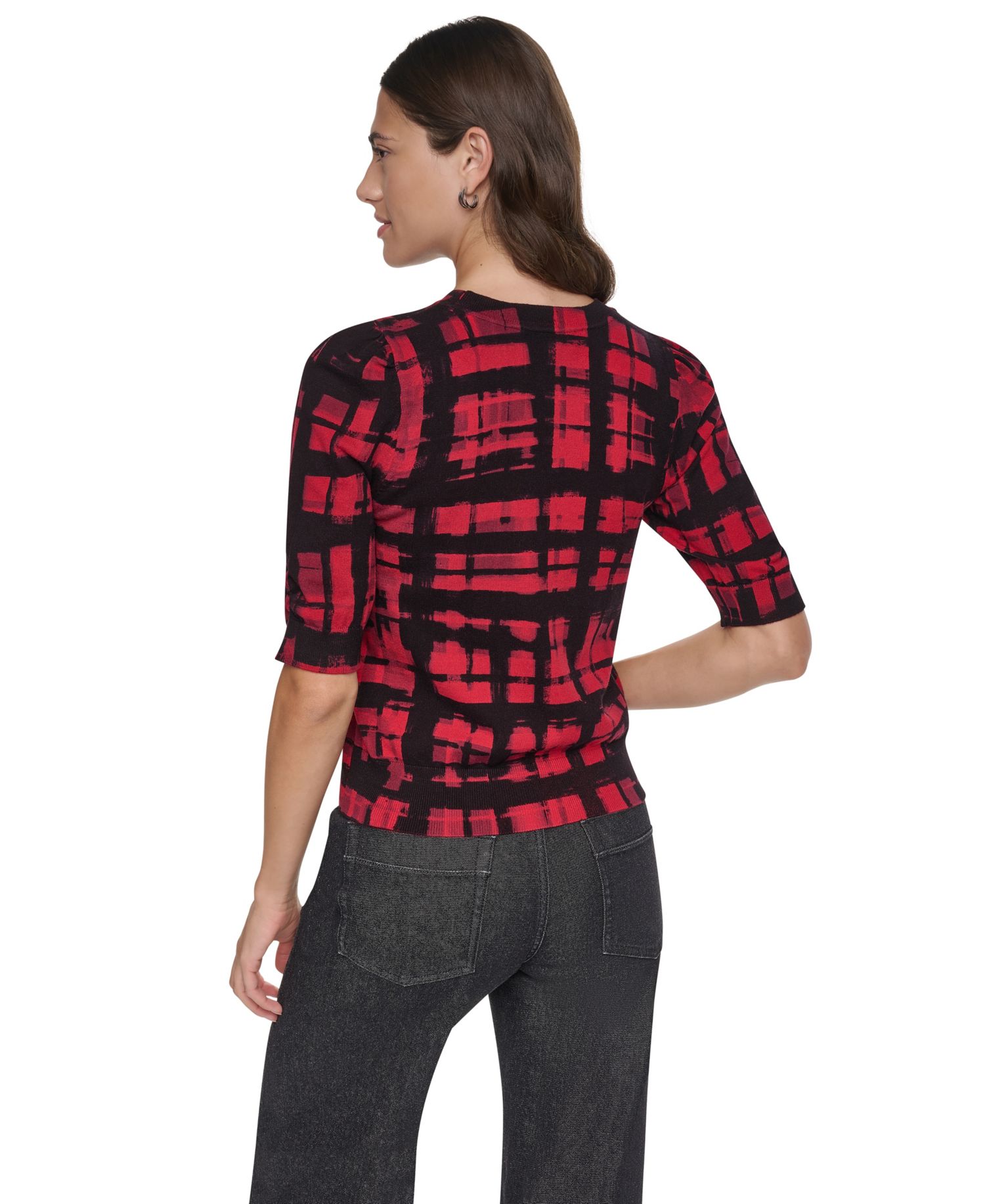 Women's Plaid Elbow-Sleeve Pullover Sweater