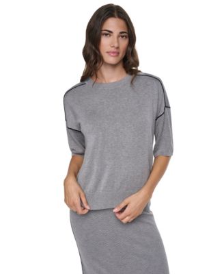 Women's Short-Sleeve Pointelle-Mesh Contrast-Trim Sweater