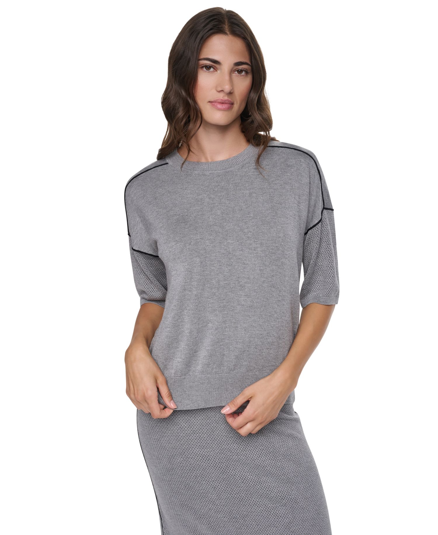 Women's Short-Sleeve Pointelle-Mesh Contrast-Trim Sweater