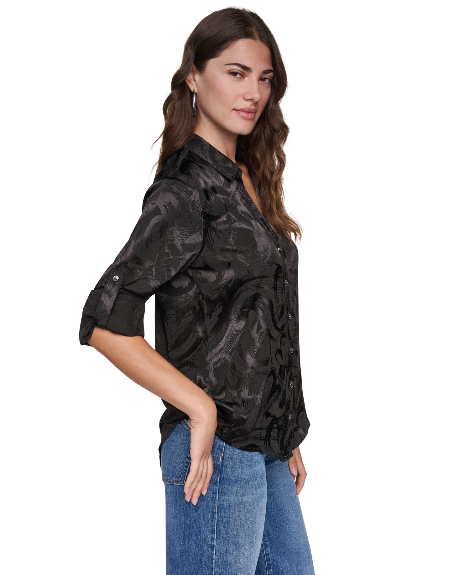 Women's Roll-Tab Jacquard Blouse