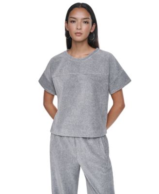 Women's Lurex Velvet Knit Scoop Neck Short-Dolman Sleeves T-Shirt