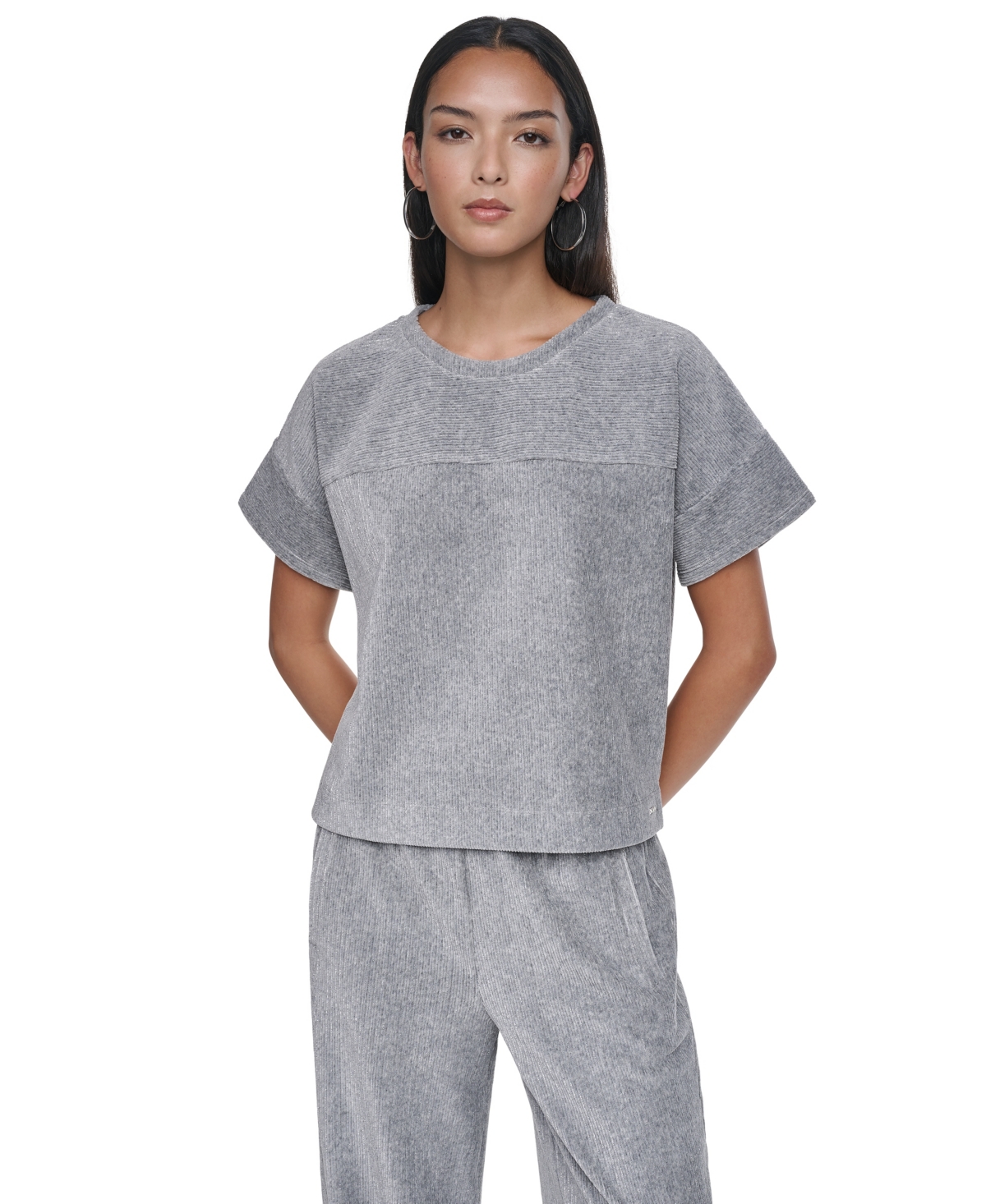 Dkny Women's Lurex Velvet Knit Scoop Neck Short-Dolman Sleeves T-Shirt - Feather Heather