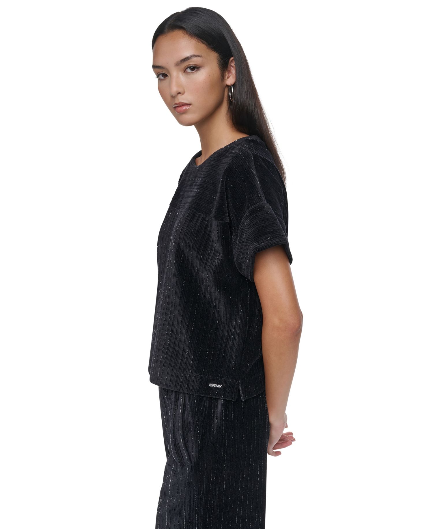 Women's Lurex Velvet Knit Scoop Neck Short-Dolman Sleeves T-Shirt