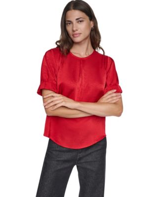 Women's Satin Roll-Sleeve Slight-Crease Crewneck Blouse