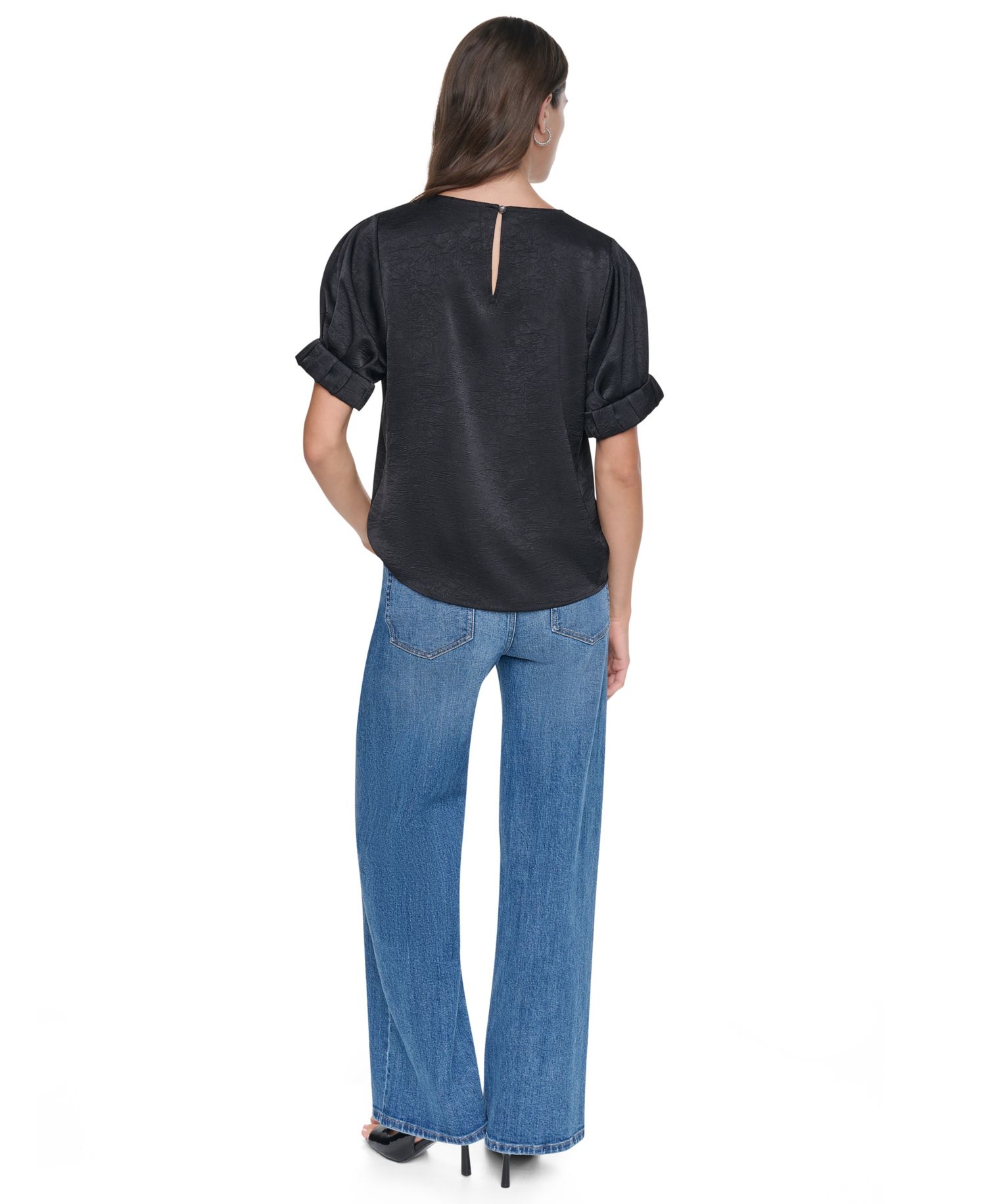 Women's Satin Roll-Sleeve Slight-Crease Crewneck Blouse