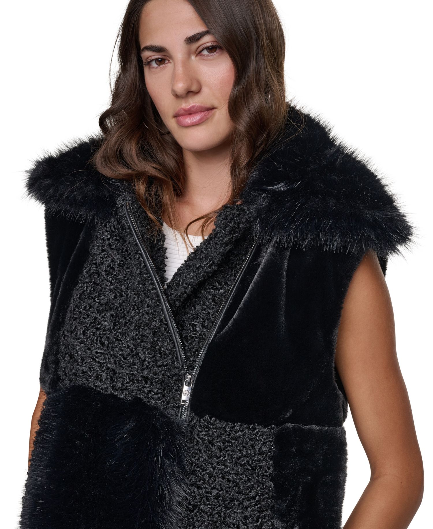Women's Patch-Mix Mid-Length Collared Faux Fur Vest