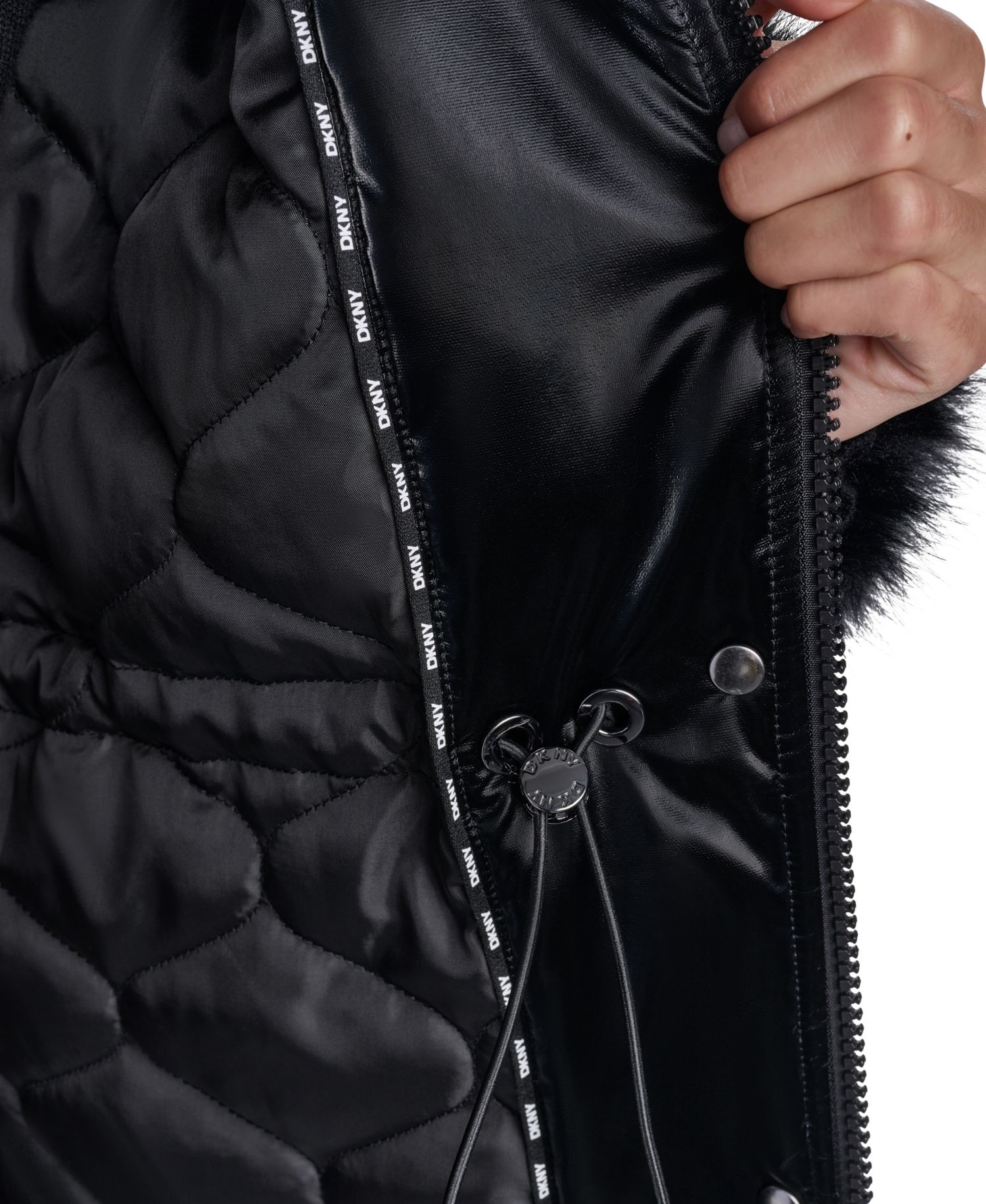 Women's Hooded Knee-Length Faux Fur Cuff Nylon Velvet Coat