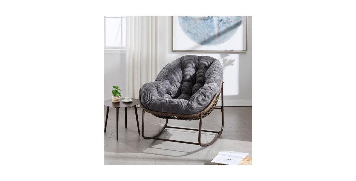 Flynama Outdoor Rattan Rocking Chair Oversized Padded Cushion Powder Coated Steel Frame for Front Porch Patio Garden Living Room