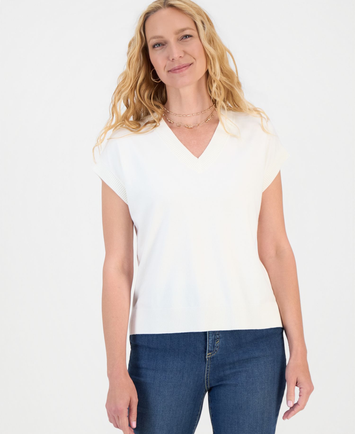 Petite Palomino Short-Sleeve V-Neck Lightweight Sweater