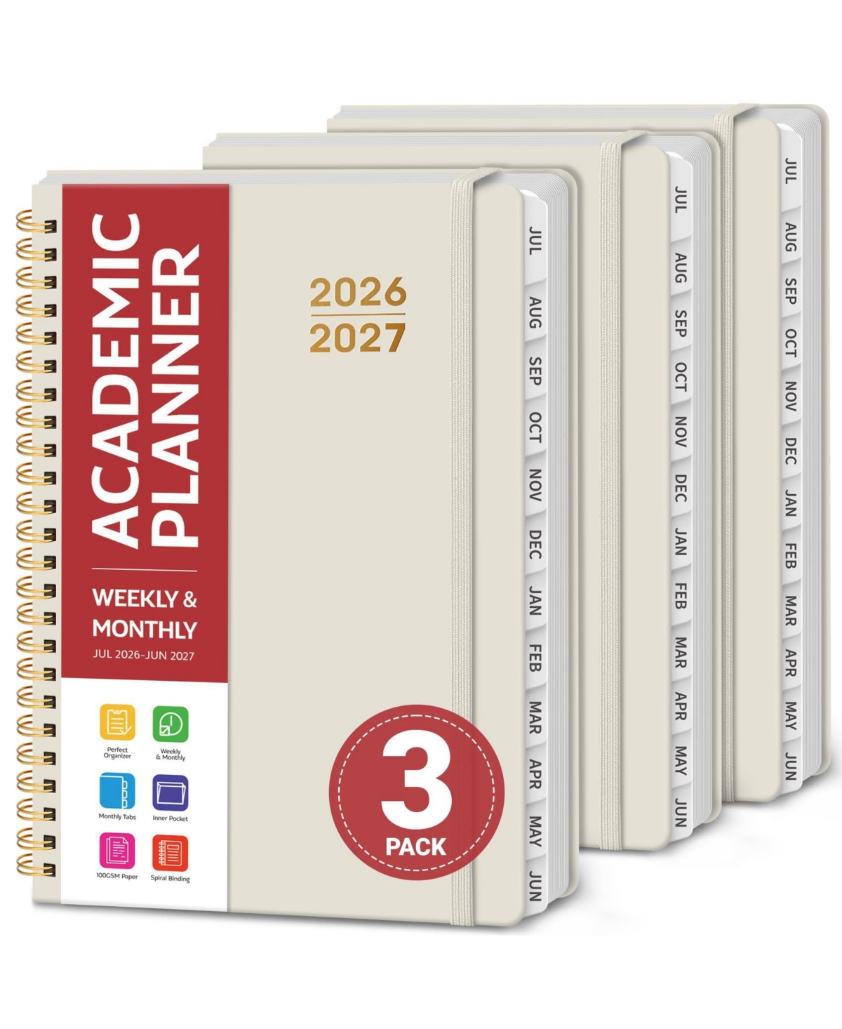 Danrong 3 Pack Academic Planner Monthly Weekly Hardcover Planning Book - I-beige