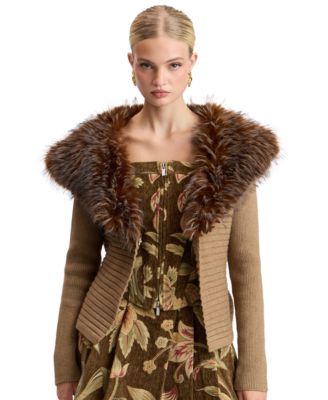 Women's Wrap Faux Fur Collar Cardigan Sweater