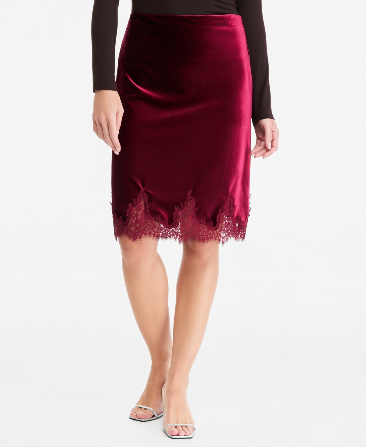 On 34th Women's Velvet Lace-Trim Alt Length Skirt, Macy's Exclusive - Trophy Red