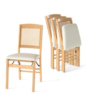 Folding Dining Chairs with Linen Padded Seat and Rattan Backrest