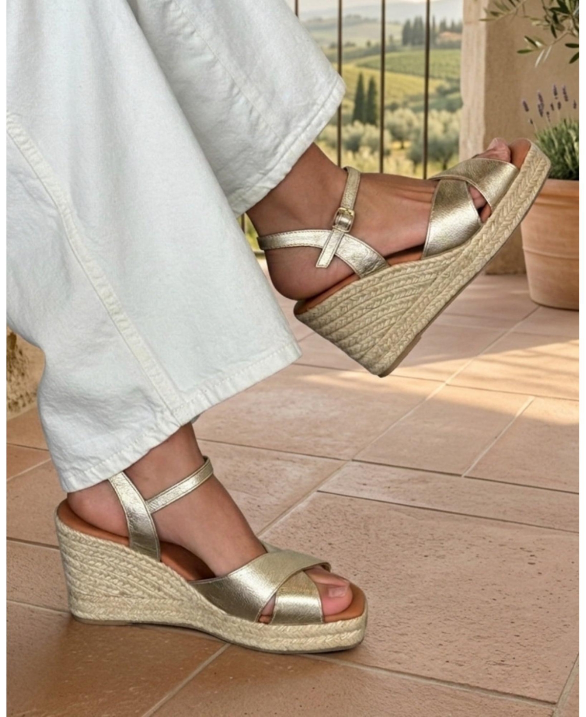 Menina Step Women's Jimena Double Band Gold Wedge Espadrilles