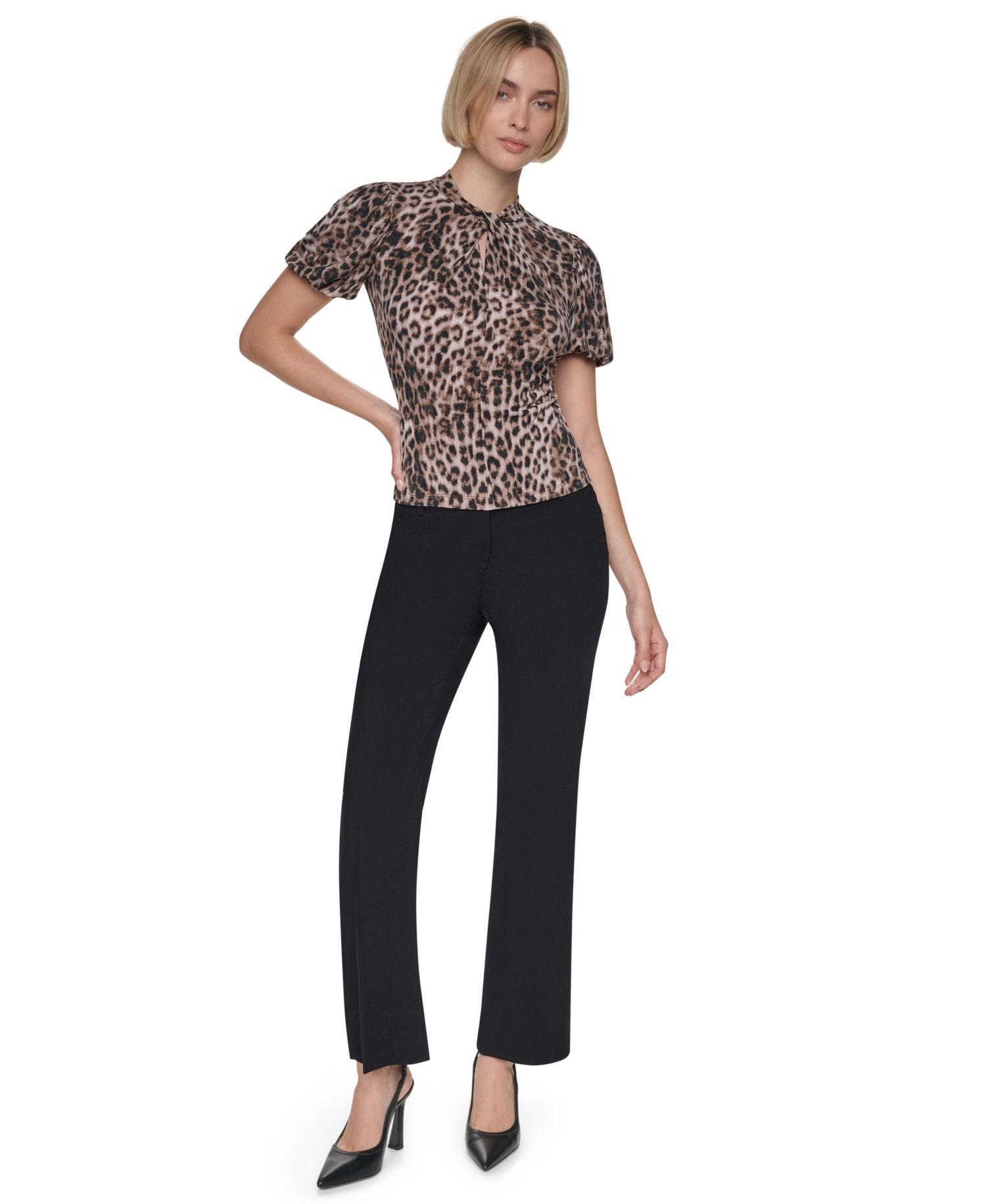 Petite Balloon-Sleeve Keyhole Blouse