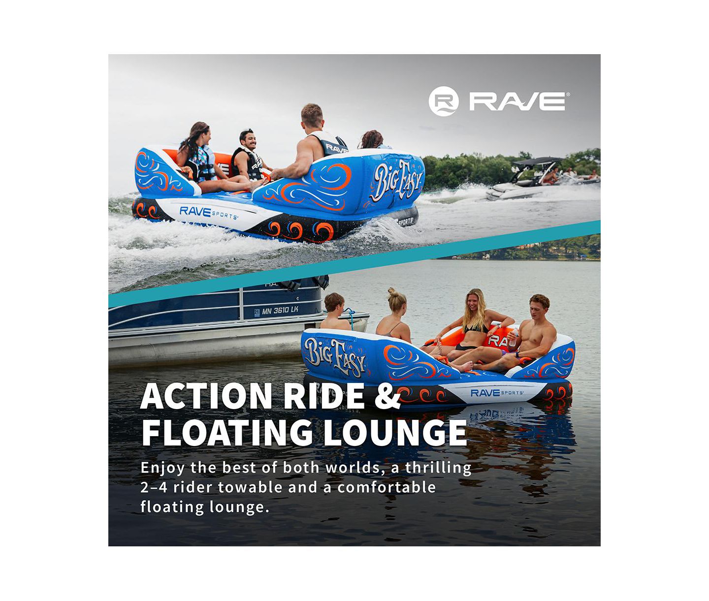 Детская игрушка RAVE Big Easy Boat Towable Coach-Style Seats Tube for 2-4 Riders, Ages 12+ — фото 5