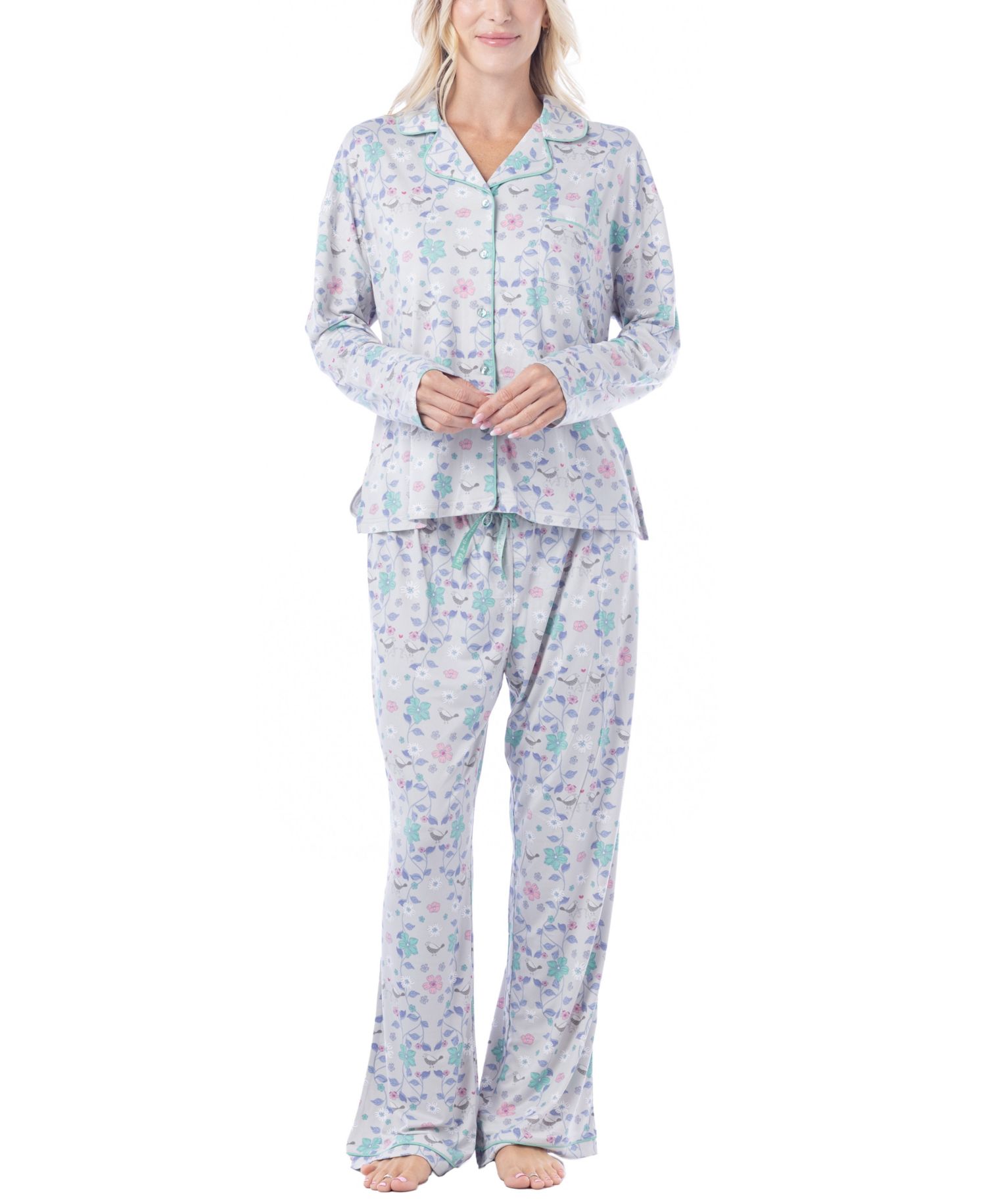 Women's Notch-Collar Long-Sleeve Print Pajama Set