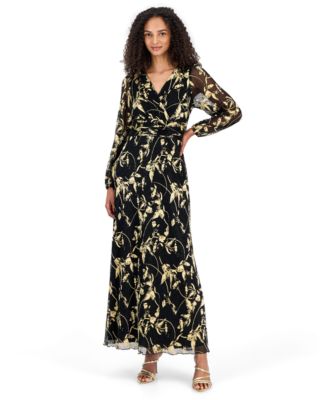 Women's Foil Print Pleat Long V-Neck Long-Sleeve Dress