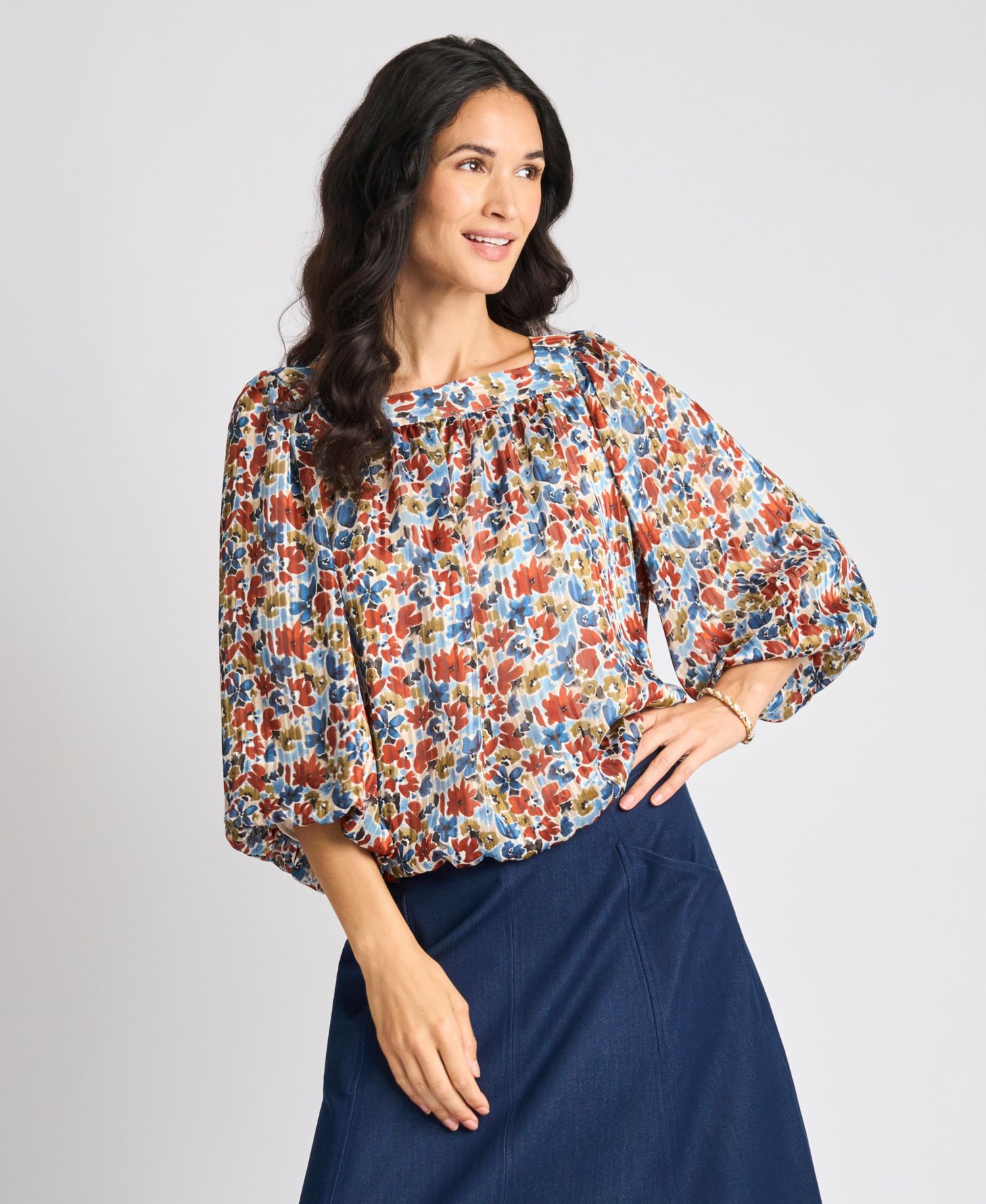 Women's Floral Square Neck 3/4-Sleeve Blouse