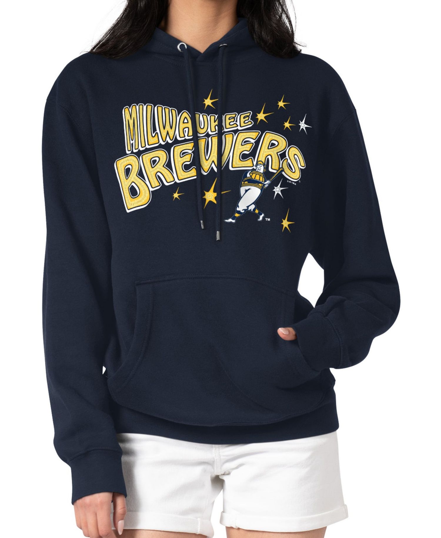 Women's Navy Milwaukee Brewers Fireworks Fleece Tri-Blend Pullover Hoodie