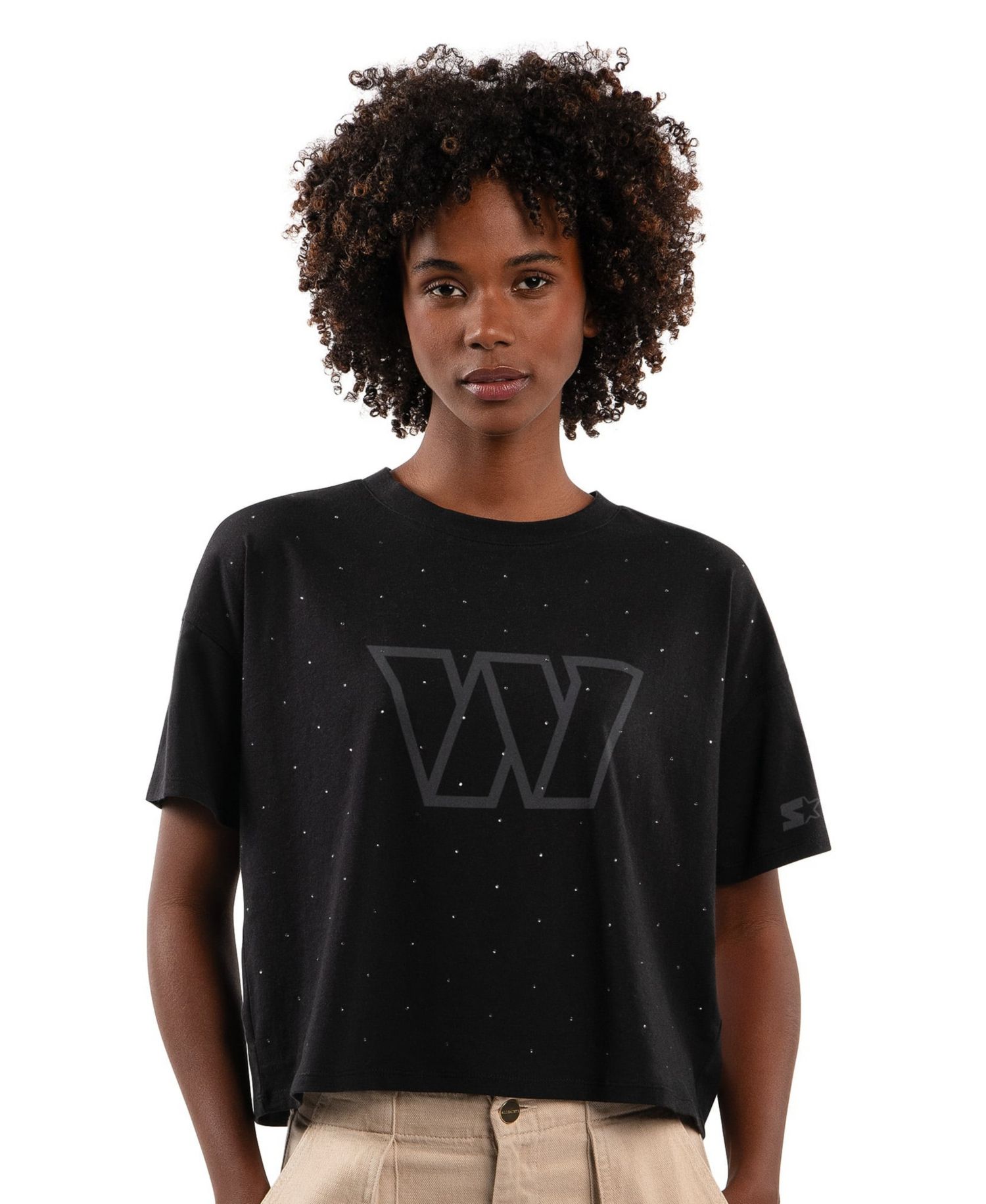 Women's Black Washington Commanders Rhinestone Sprinkle Boxy Cropped T-Shirt