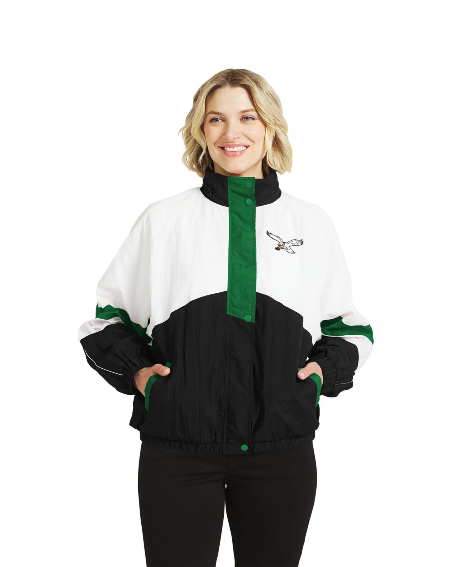 Women's White/Black Philadelphia Eagles Throwback Crinkle Full-Snap Hooded Windbreaker Jacket
