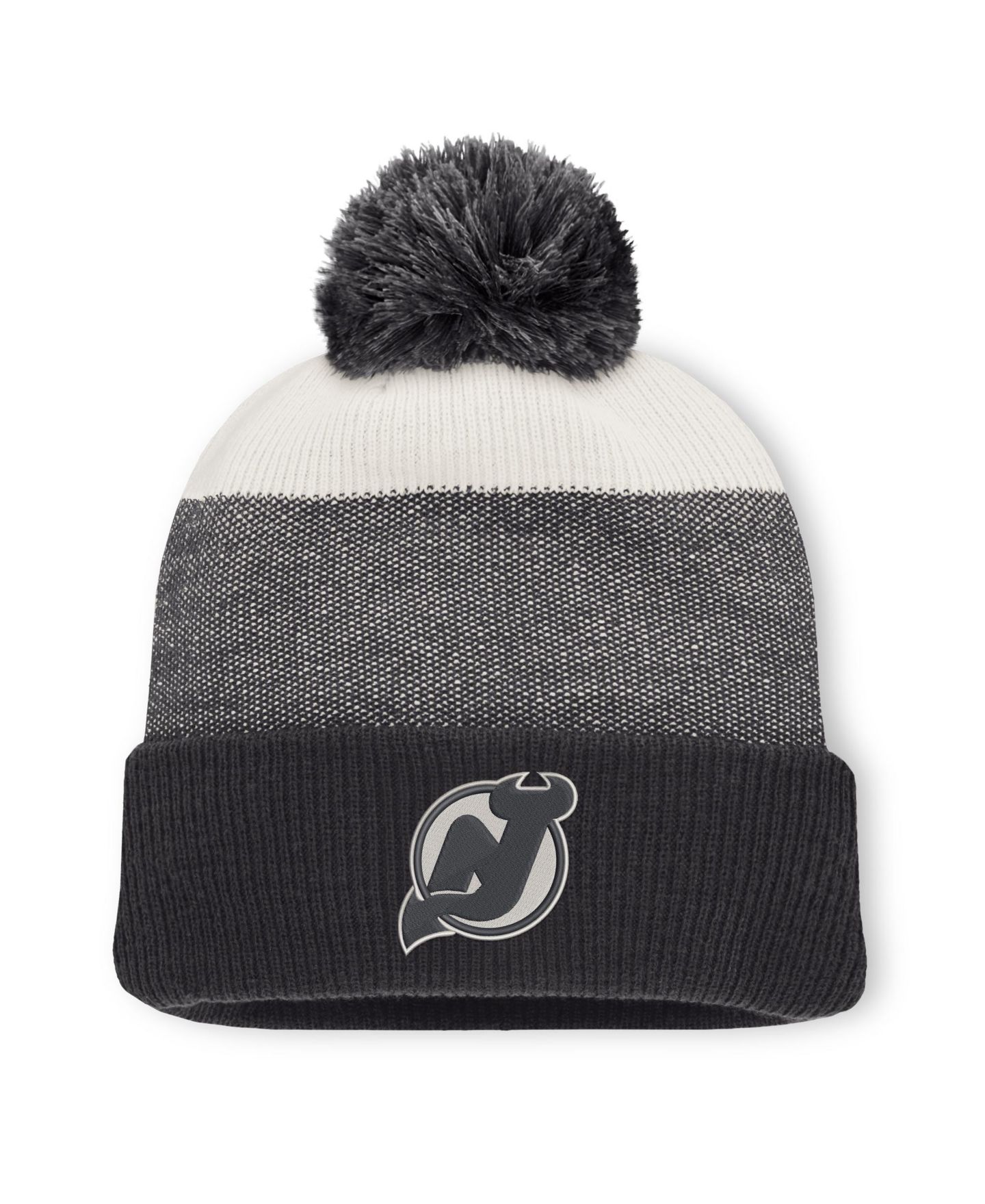 Мужские головные уборы Fanatics Black/Light Beige New Jersey Devils Monochrome Cuffed Knit Hat with Pom — фото 1