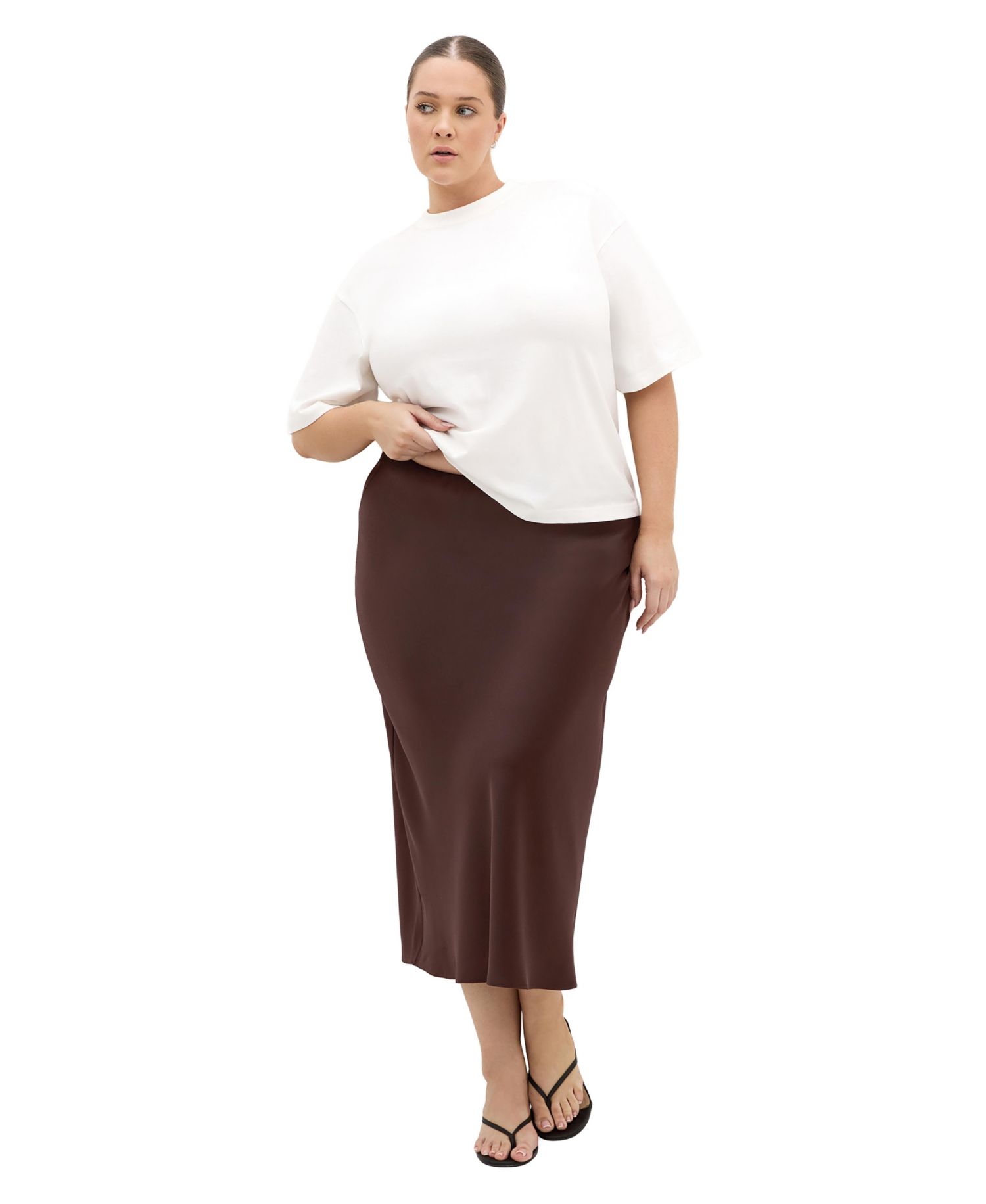 Plus Size Miranda Satin High-Waisted A-Line Midi Skirt