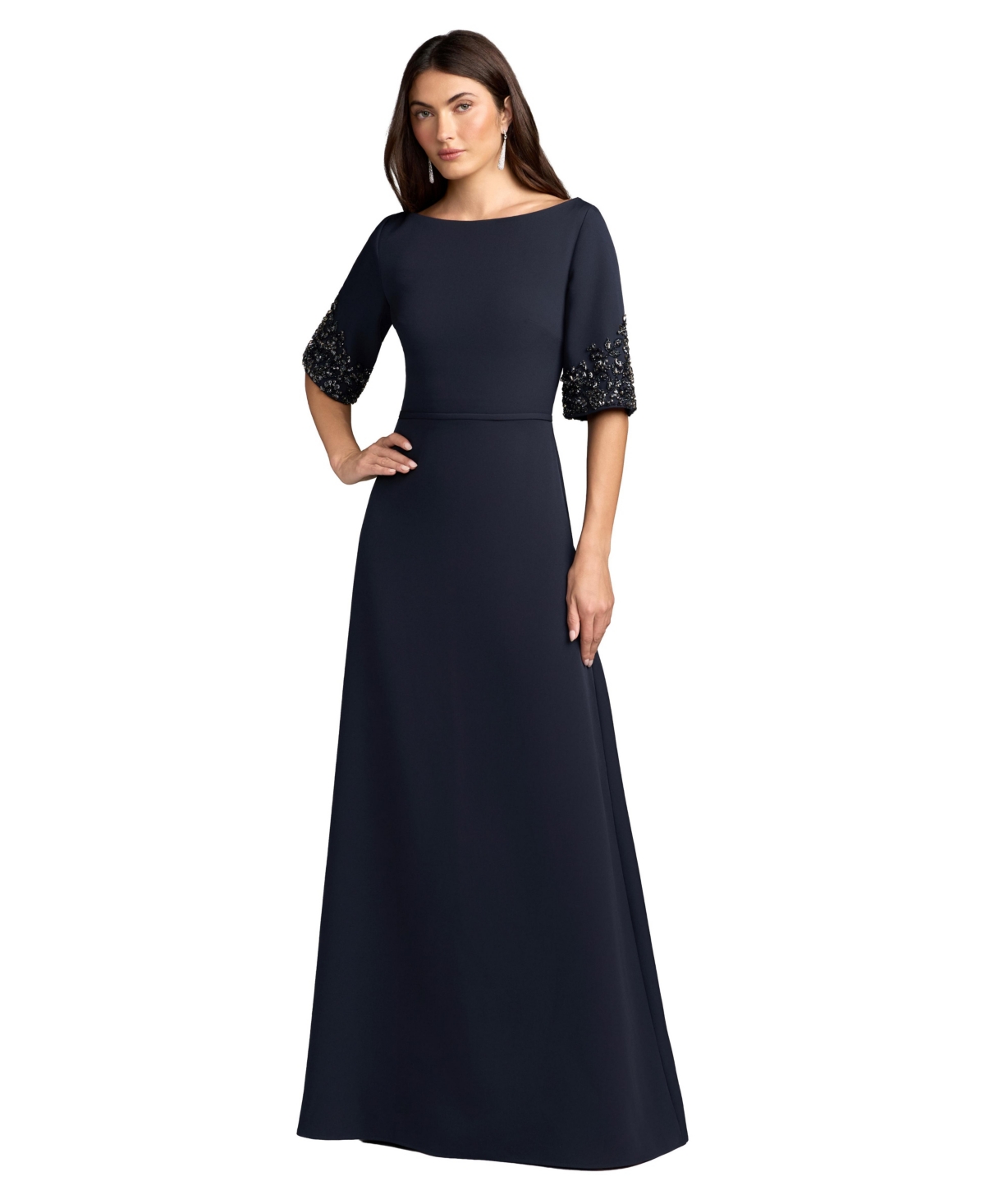 Mac Duggal - Midnight A-Line Crepe Gown With Beaded Sleeves - Midnight / US 14