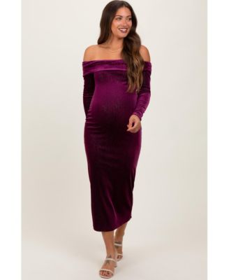 Women's Plum Shiny Velour Off Shoulder Midi Dress
