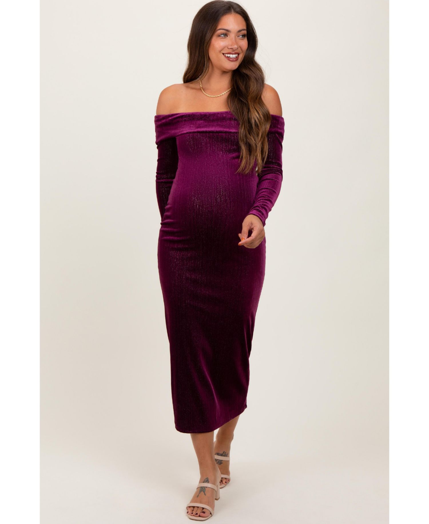 Women's Plum Shiny Velour Off Shoulder Midi Dress