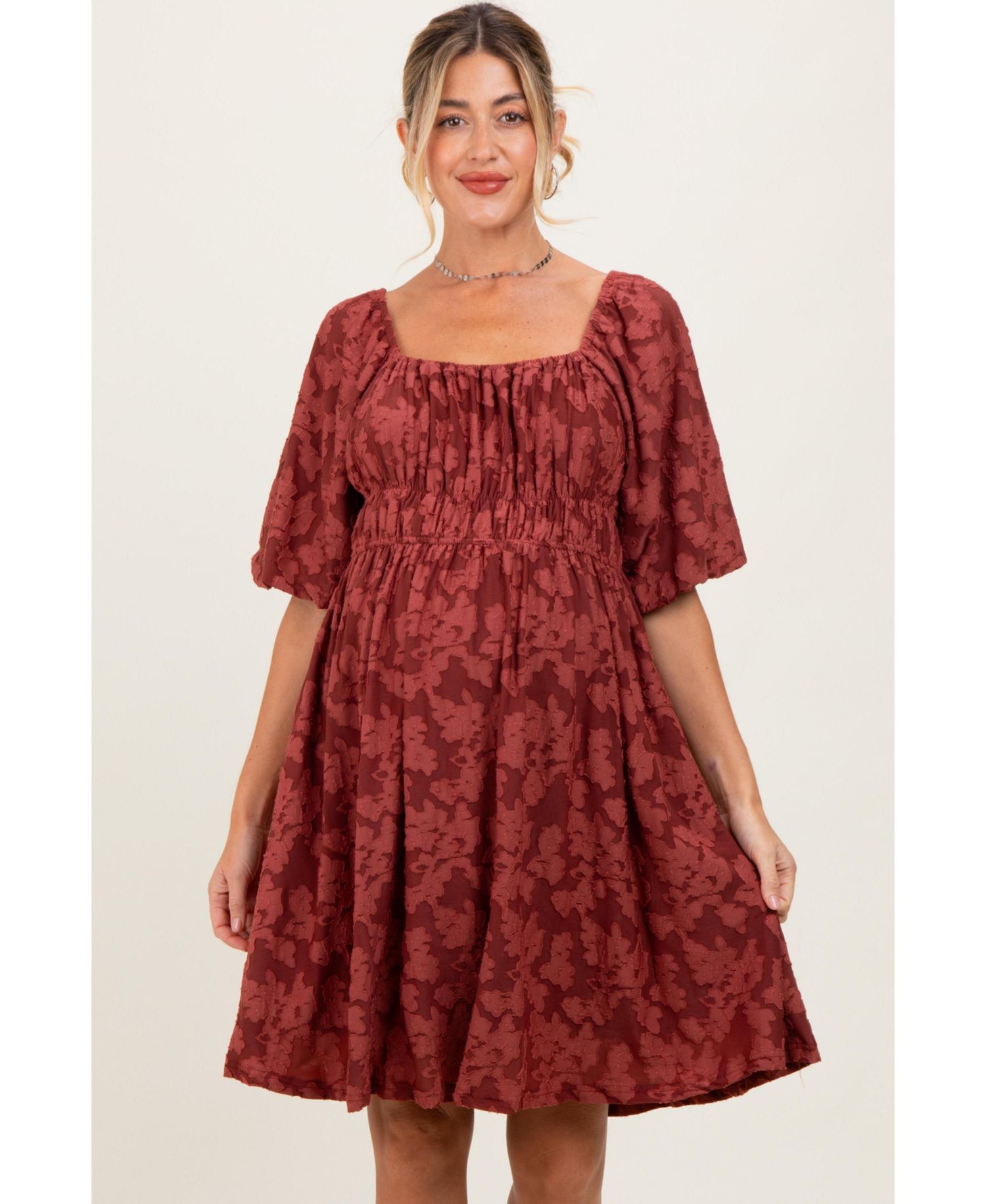 Women's Burgundy Floral Square Neck Dress