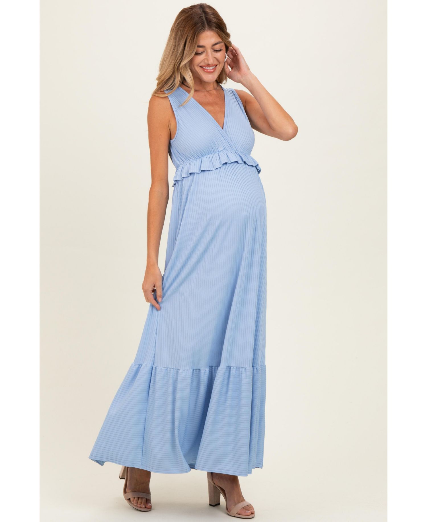 Women's Light Blue Ribbed Sleeveless V-Neck Ruffle Tiered Maxi Dress
