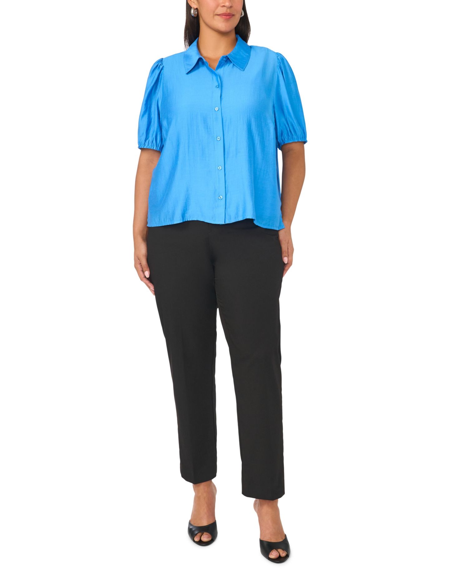 Plus Size Puff-Sleeve Work Blouse