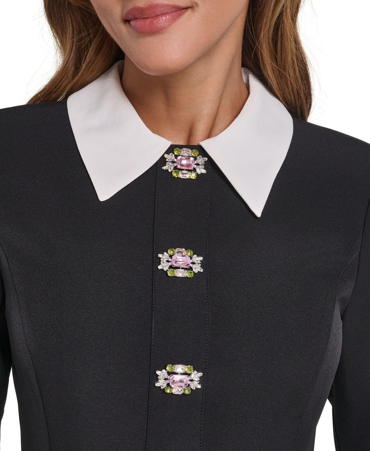Petite Long-Sleeve Collared Embellished Shift Dress