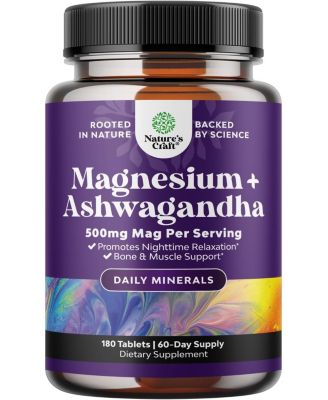 Magnesium Glycinate 500mg with Ashwagandha | Magnesium Supplement Tablets | 180 Count